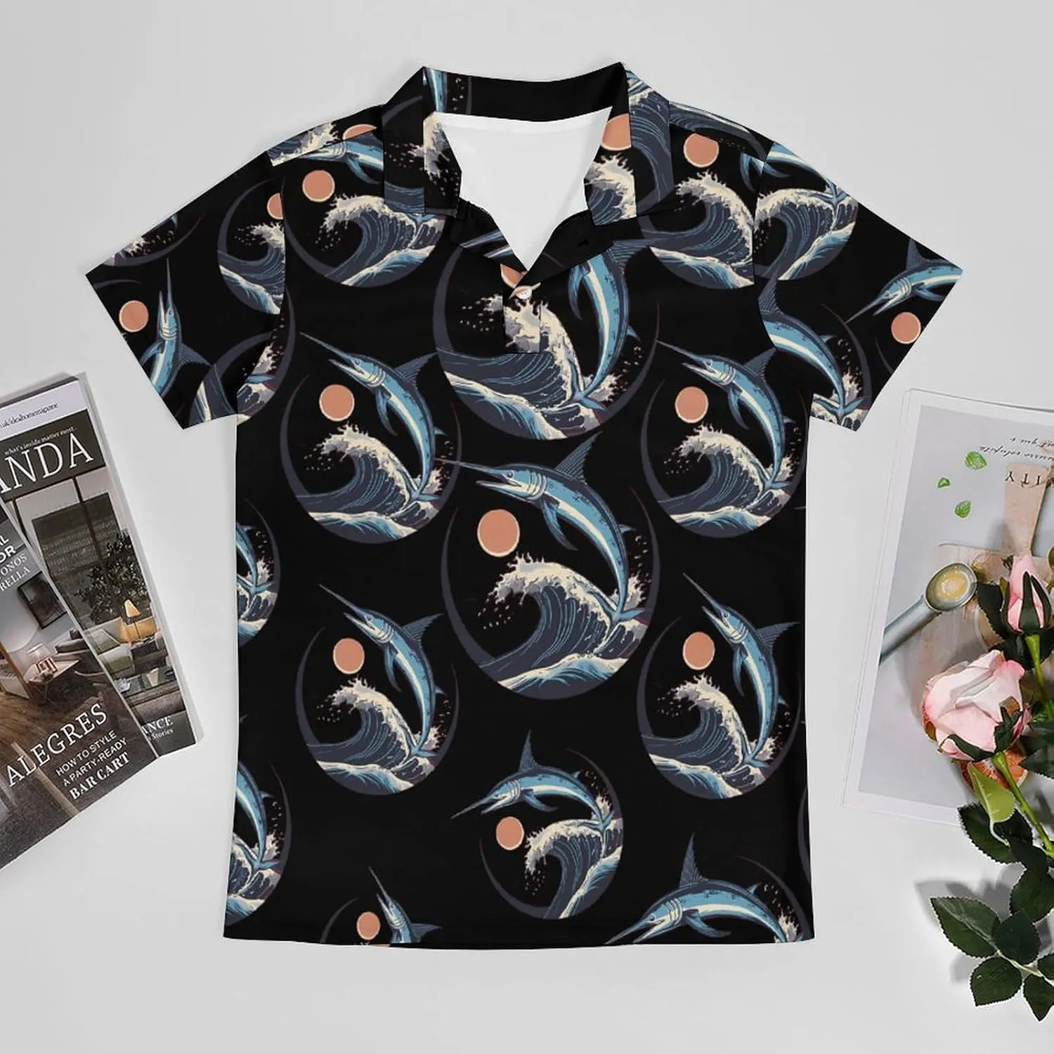 Marlin Fish Jumping Ocean Waves Sunset Classic Polo Shirts for Men Quick Dry Short Sleeve Fit Golf Tees Casual Tops
