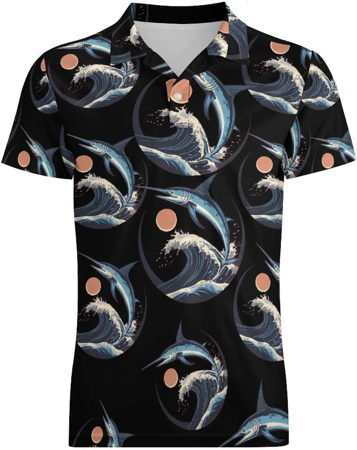 Marlin Fish Jumping Ocean Waves Sunset Classic Polo Shirts for Men Quick Dry Short Sleeve Fit Golf Tees Casual Tops