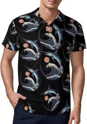 Marlin Fish Jumping Ocean Waves Sunset Classic Polo Shirts for Men Quick Dry Short Sleeve Fit Golf Tees Casual Tops