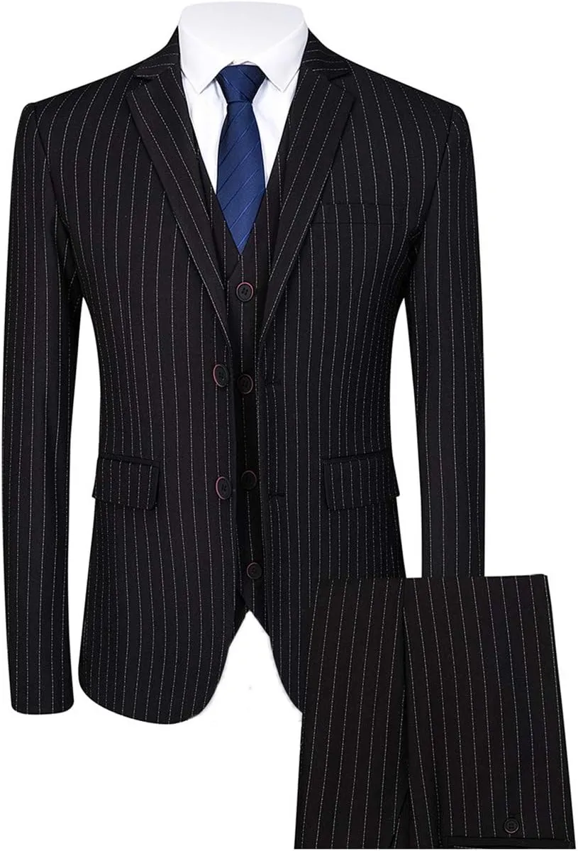 Mens 3 Piece Pinstripe Suit Slim Fit Casual Dress Suits Blazer   Vest   Pants