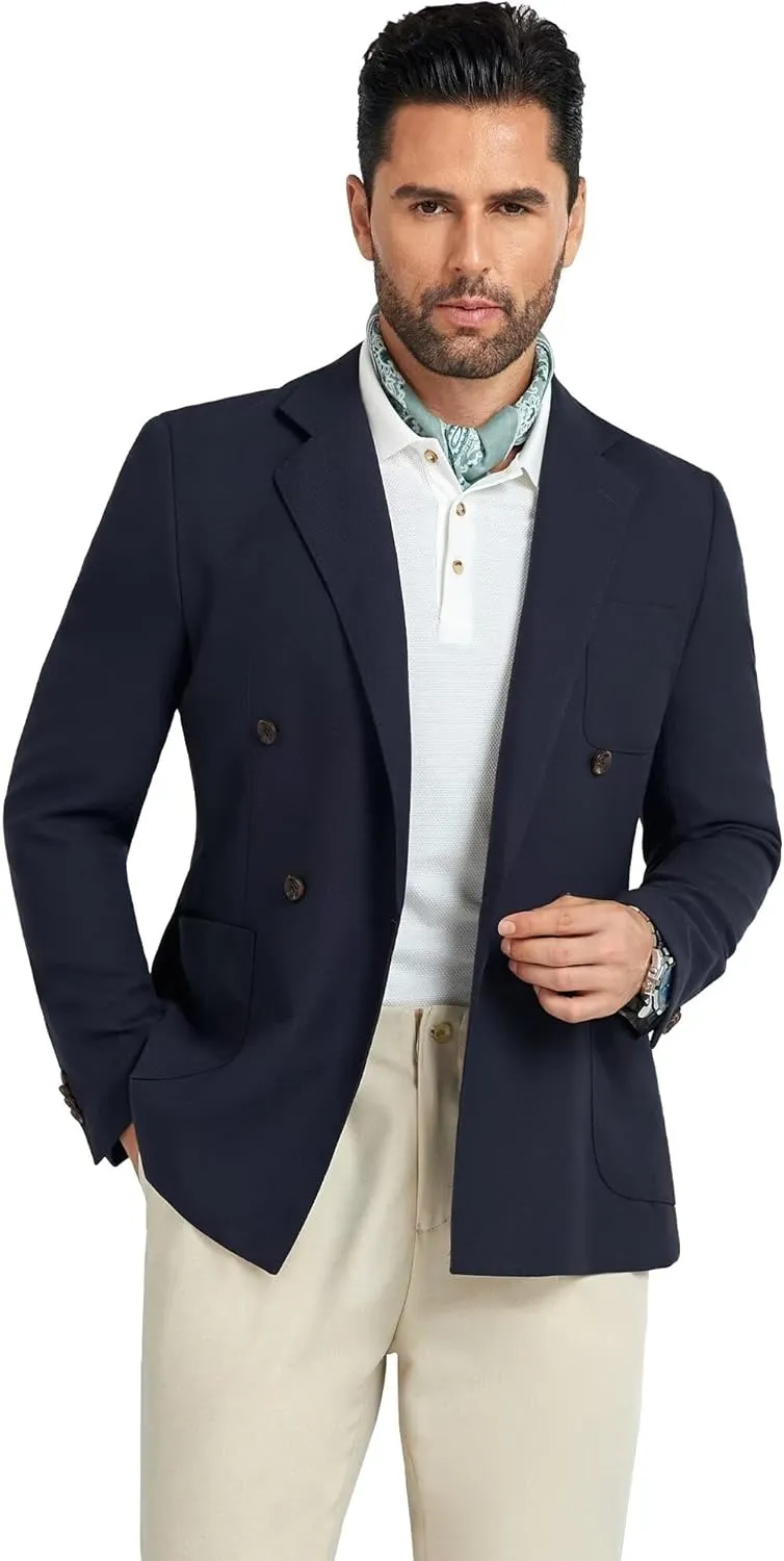 Mens Blazer Jacket Slim Fit Knit Double Breasted Casual Blazer Men 1 Button Notched Business Mens Sport Coat
