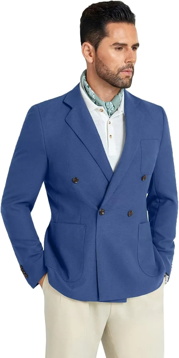Mens Blazer Jacket Slim Fit Knit Double Breasted Casual Blazer Men 1 Button Notched Business Mens Sport Coat