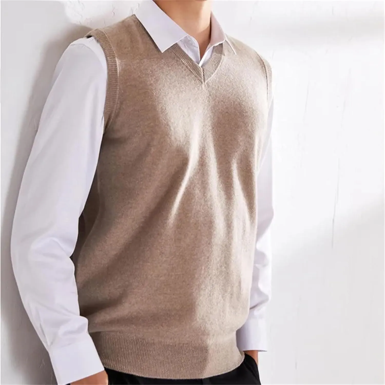 Men's Cashmere Knitted Vest Casual V-Neck Sleeveless Sweaters Jumper Tops