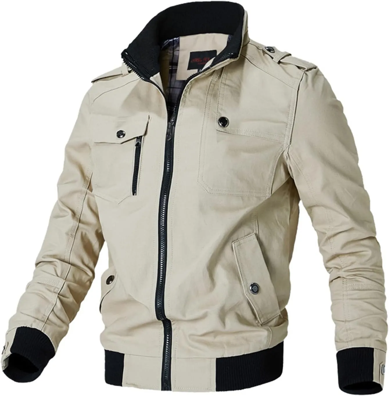 Mens Casual Cotton Military Jacket Lightweight Stand Collar Jackets Coats Full Zip up Bomber Jackets with Shoulder Straps