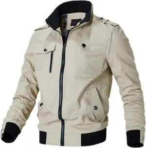 Mens Casual Cotton Military Jacket Lightweight Stand Collar Jackets Coats Full Zip up Bomber Jackets with Shoulder Straps