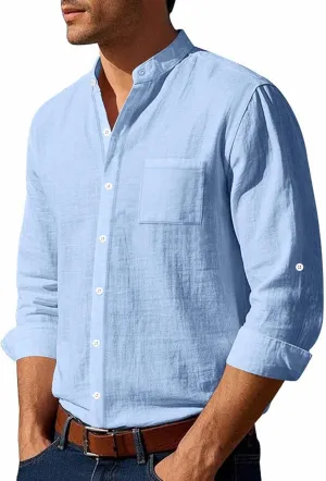 Mens Casual Long Sleeve Cotton Linen Shirts Buttons Down Solid Plain Roll-up Sleeves T-Shirt Henely Summer Beach Tops