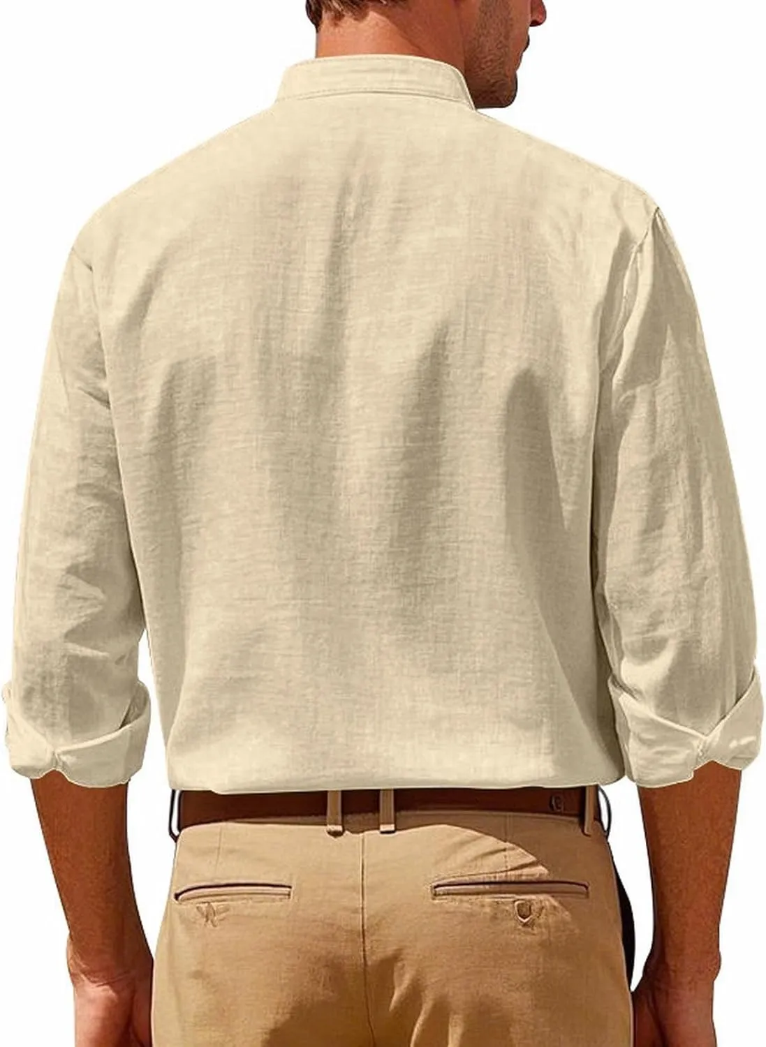 Mens Casual Long Sleeve Cotton Linen Shirts Buttons Down Solid Plain Roll-up Sleeves T-Shirt Henely Summer Beach Tops