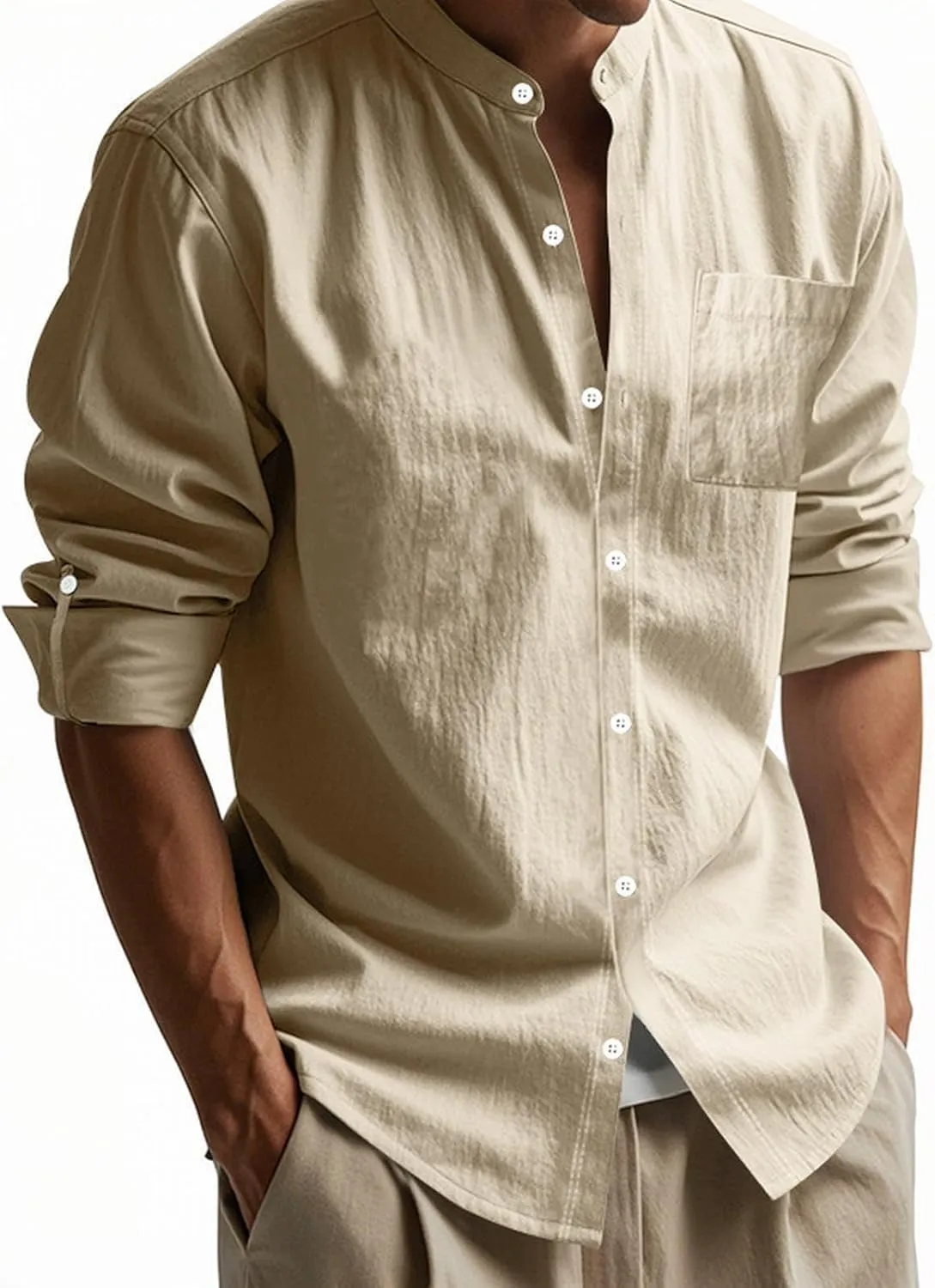 Mens Casual Long Sleeve Cotton Linen Shirts Buttons Down Solid Plain Roll-up Sleeves T-Shirt Henely Summer Beach Tops