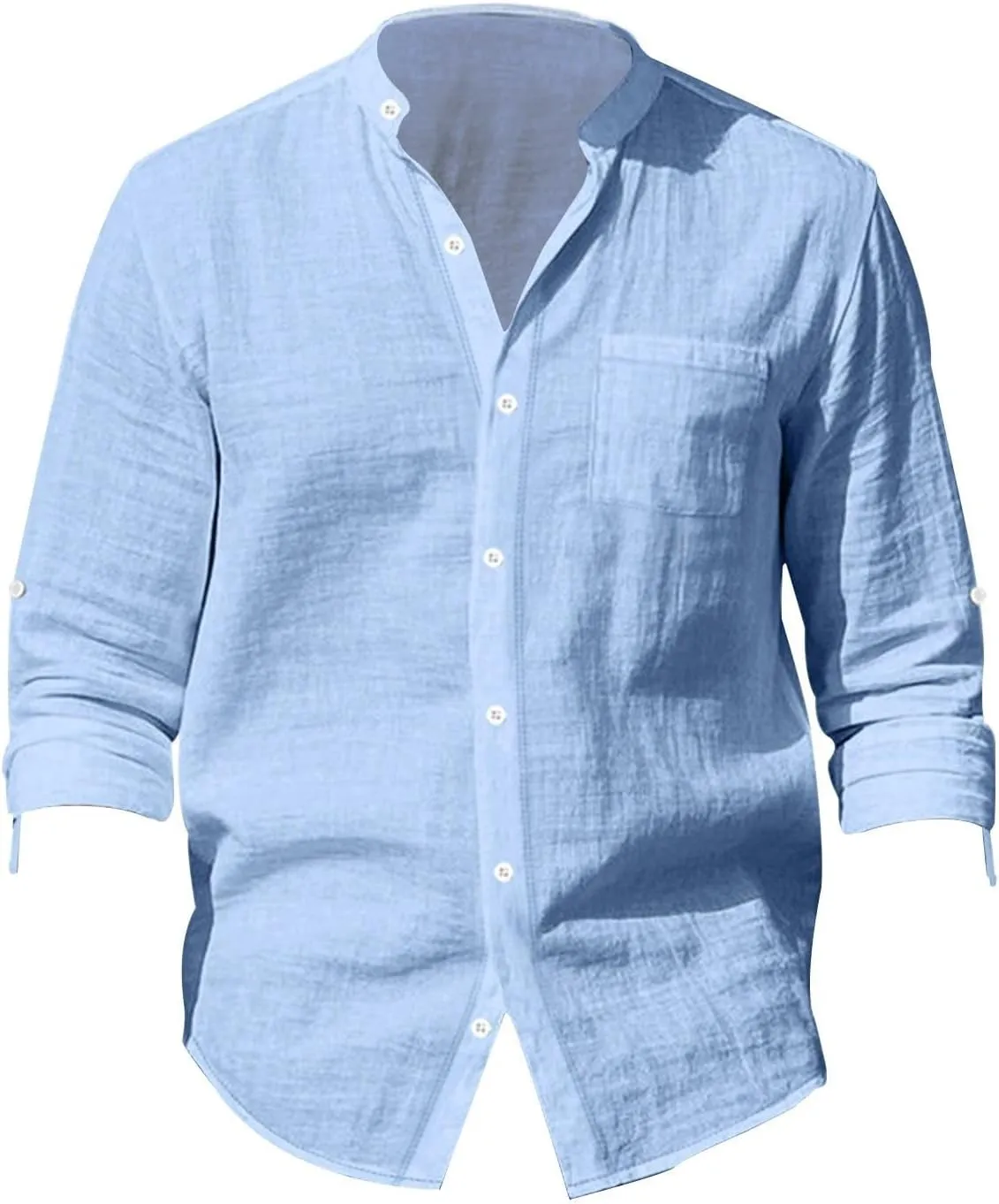 Mens Casual Long Sleeve Cotton Linen Shirts Buttons Down Solid Plain Roll-up Sleeves T-Shirt Henely Summer Beach Tops