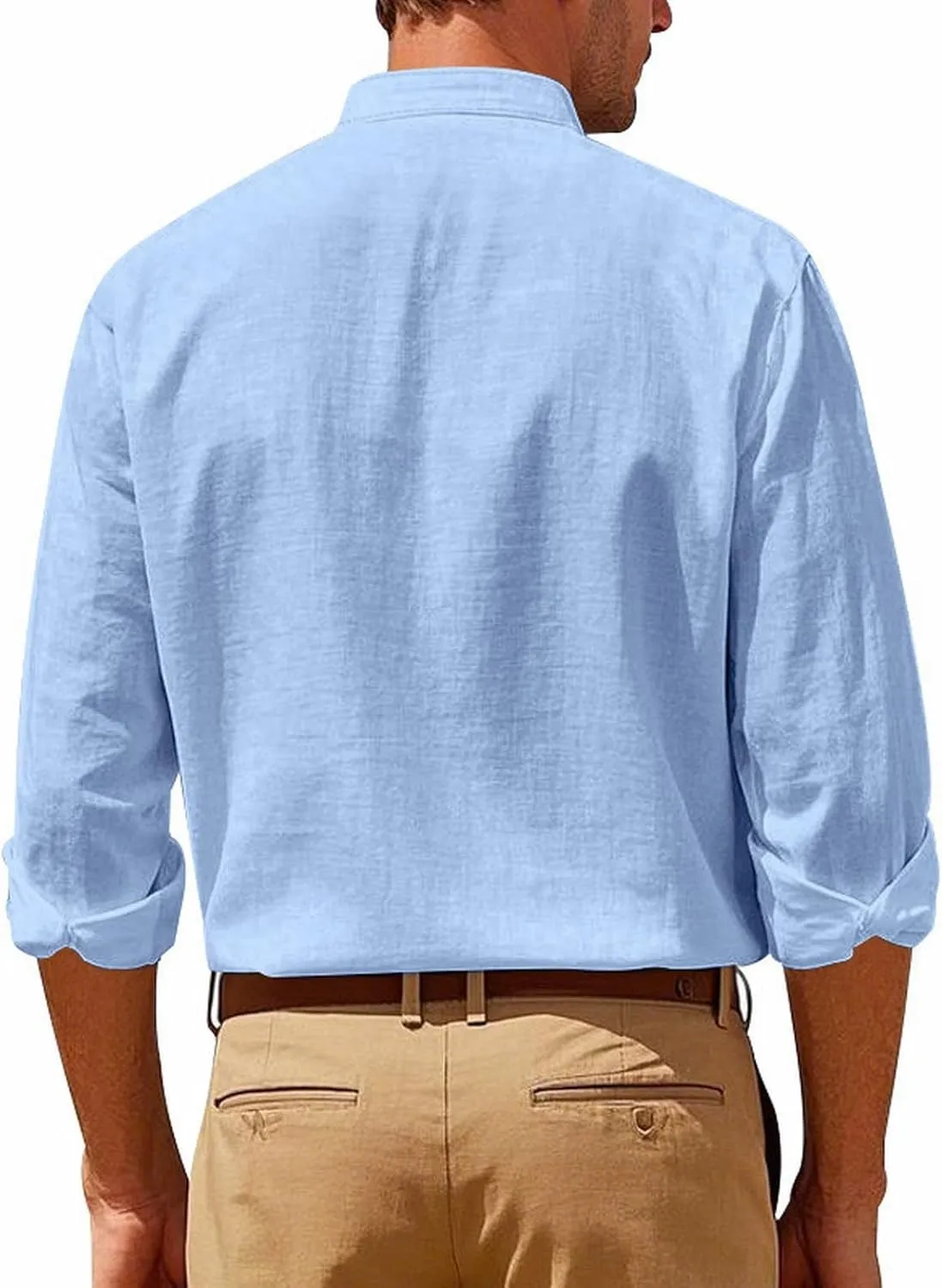 Mens Casual Long Sleeve Cotton Linen Shirts Buttons Down Solid Plain Roll-up Sleeves T-Shirt Henely Summer Beach Tops