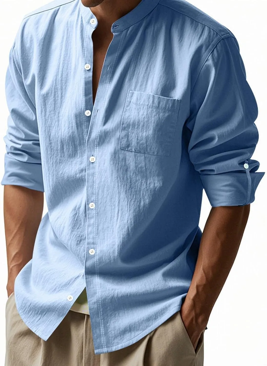 Mens Casual Long Sleeve Cotton Linen Shirts Buttons Down Solid Plain Roll-up Sleeves T-Shirt Henely Summer Beach Tops