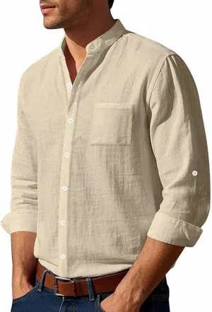 Mens Casual Long Sleeve Cotton Linen Shirts Buttons Down Solid Plain Roll-up Sleeves T-Shirt Henely Summer Beach Tops
