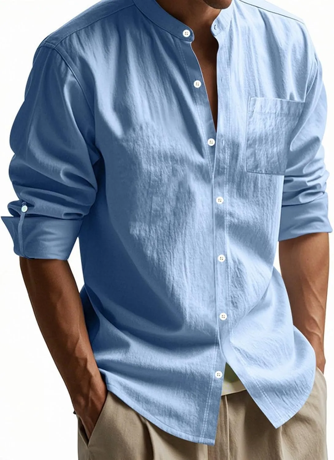 Mens Casual Long Sleeve Cotton Linen Shirts Buttons Down Solid Plain Roll-up Sleeves T-Shirt Henely Summer Beach Tops