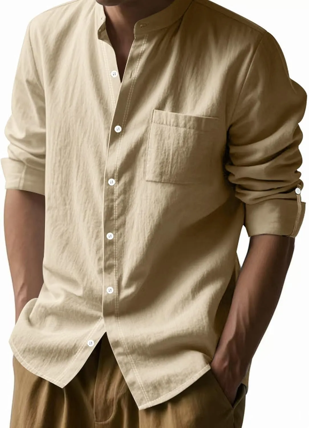Mens Casual Long Sleeve Cotton Linen Shirts Buttons Down Solid Plain Roll-up Sleeves T-Shirt Henely Summer Beach Tops