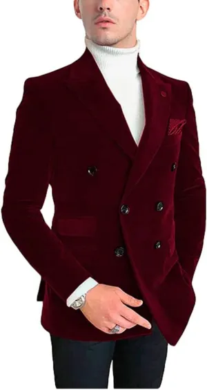 Mens Double Breasted Velvet Blazer Jacket Notch Lapel Dinner Coat Wedding Party Tuxedos Jacket Casual Wear