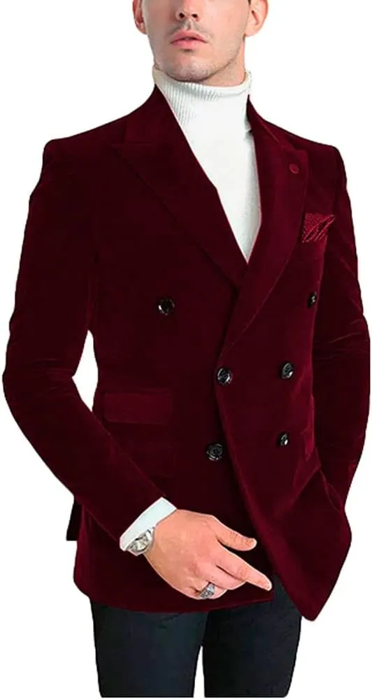 Mens Double Breasted Velvet Blazer Jacket Notch Lapel Dinner Coat Wedding Party Tuxedos Jacket Casual Wear