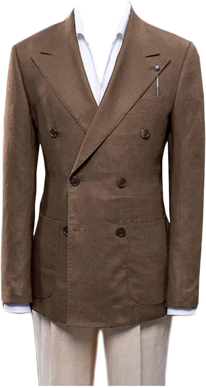 Men's Linen Blazer Double Breasted Peak Lapel Slim Fit Lightweight Jacket Evening Party Business