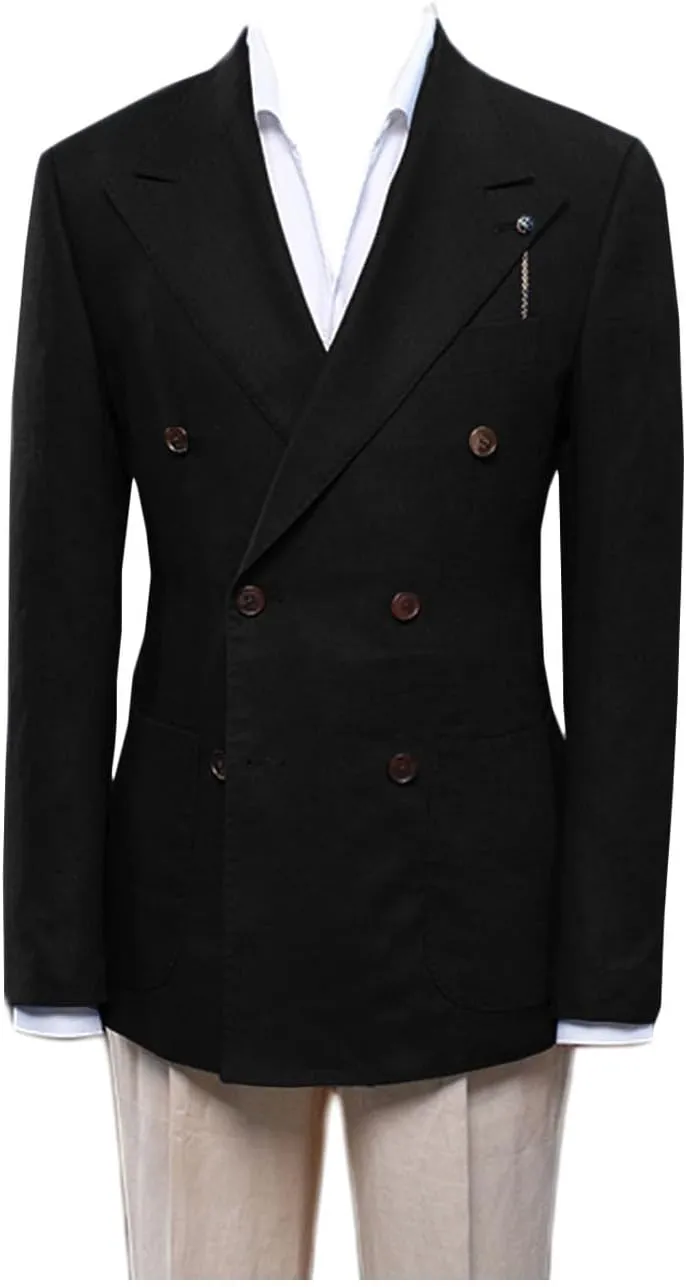 Men's Linen Blazer Double Breasted Peak Lapel Slim Fit Lightweight Jacket Evening Party Business
