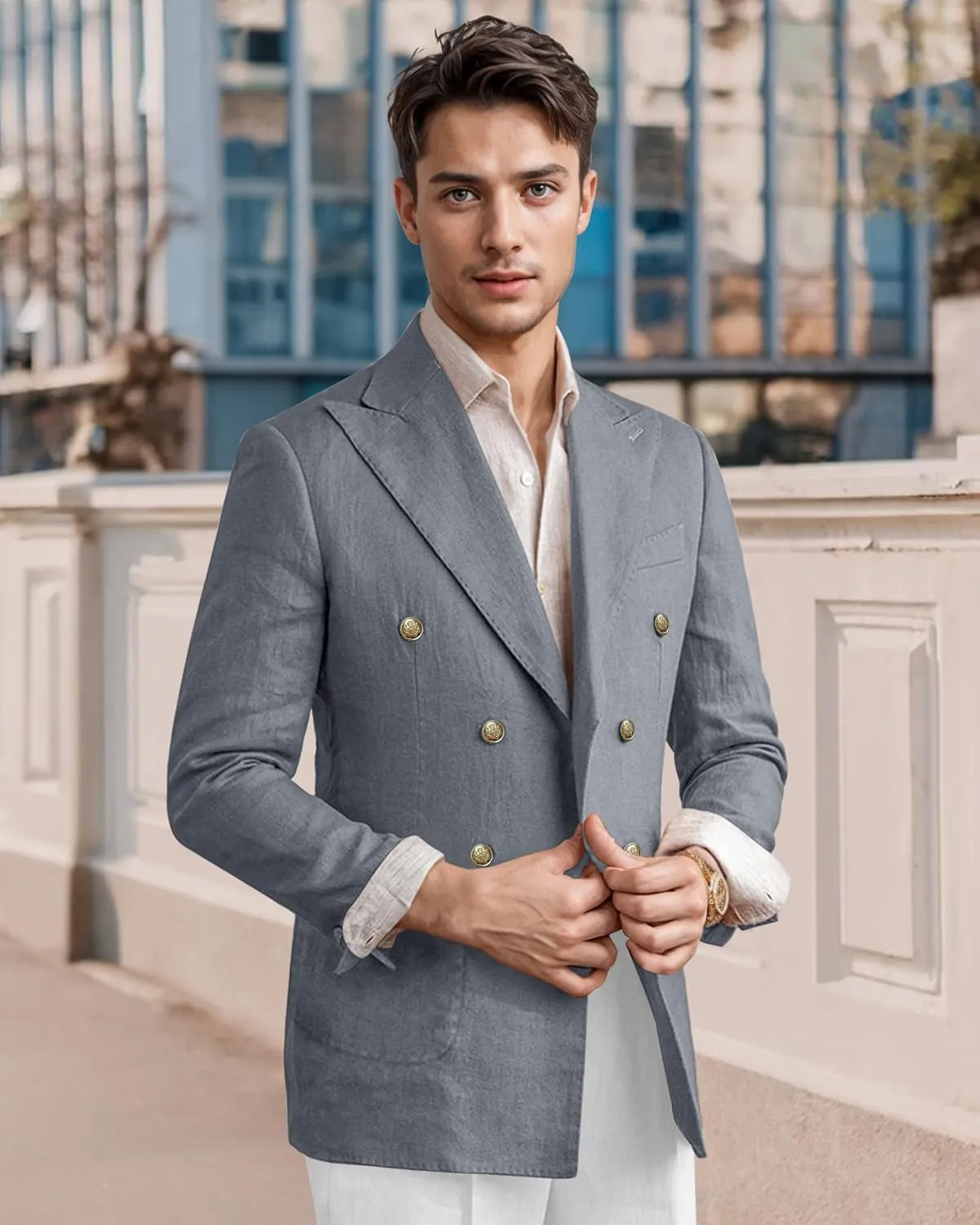 Men's Linen Blazer Lightweight Double Breasted Suit Jacket Casual Sport Coat for Beach Wedding