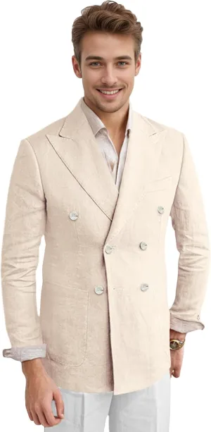 Men's Linen Blazer Lightweight Double Breasted Suit Jacket Casual Sport Coat for Beach Wedding