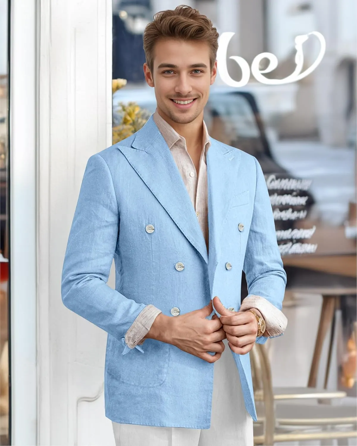 Men's Linen Blazer Lightweight Double Breasted Suit Jacket Casual Sport Coat for Beach Wedding