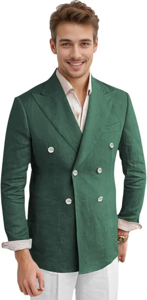Men's Linen Blazer Lightweight Double Breasted Suit Jacket Casual Sport Coat for Beach Wedding