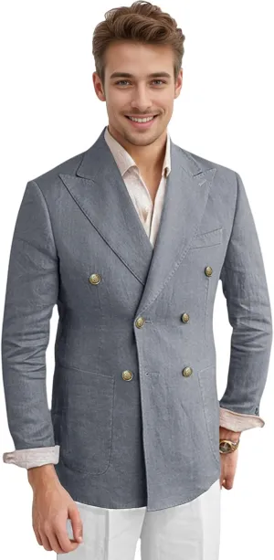 Men's Linen Blazer Lightweight Double Breasted Suit Jacket Casual Sport Coat for Beach Wedding