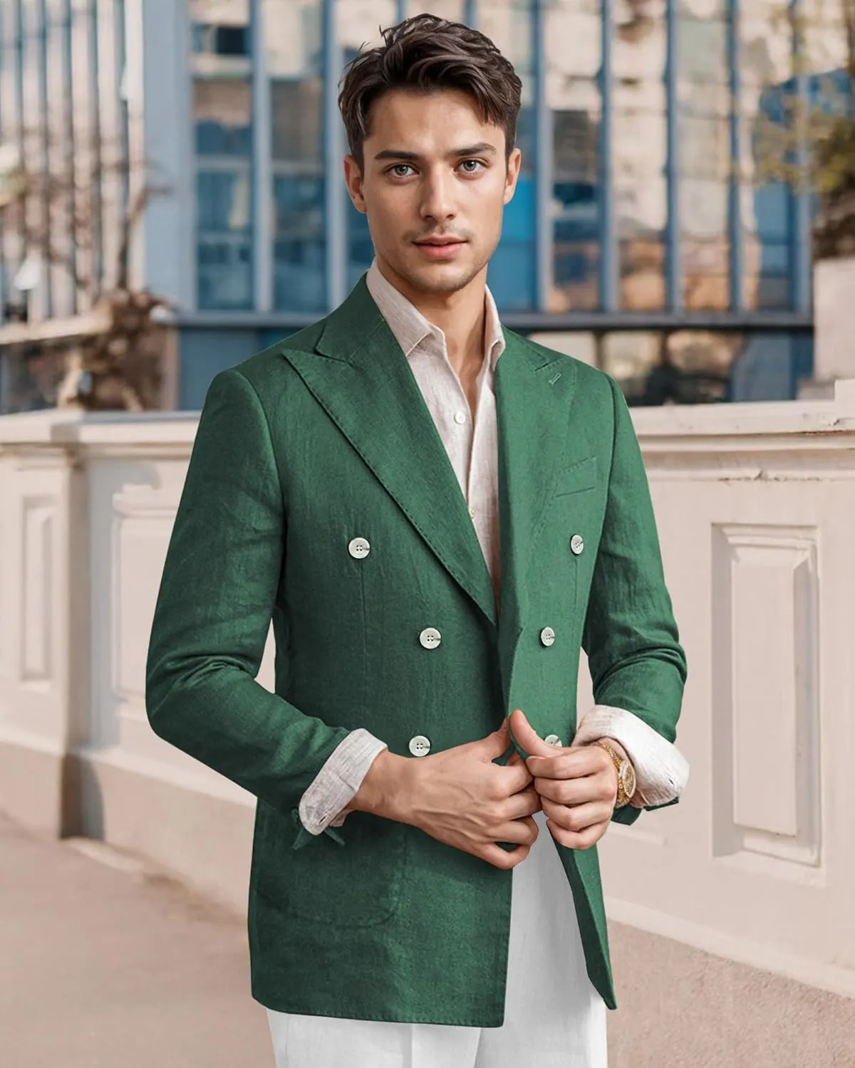 Men's Linen Blazer Lightweight Double Breasted Suit Jacket Casual Sport Coat for Beach Wedding