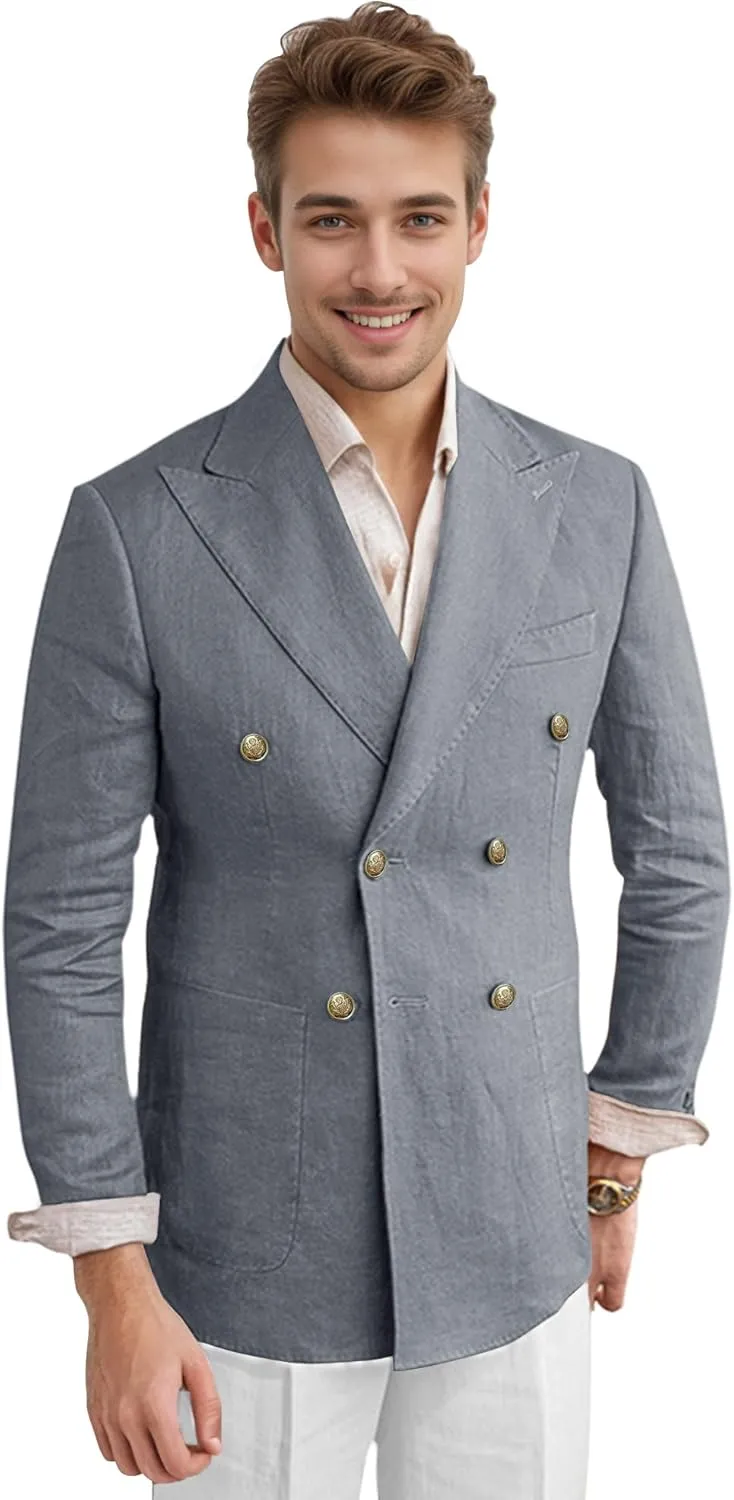 Men's Linen Blazer Lightweight Double Breasted Suit Jacket Casual Sport Coat for Beach Wedding