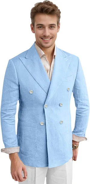 Men's Linen Blazer Lightweight Double Breasted Suit Jacket Casual Sport Coat for Beach Wedding