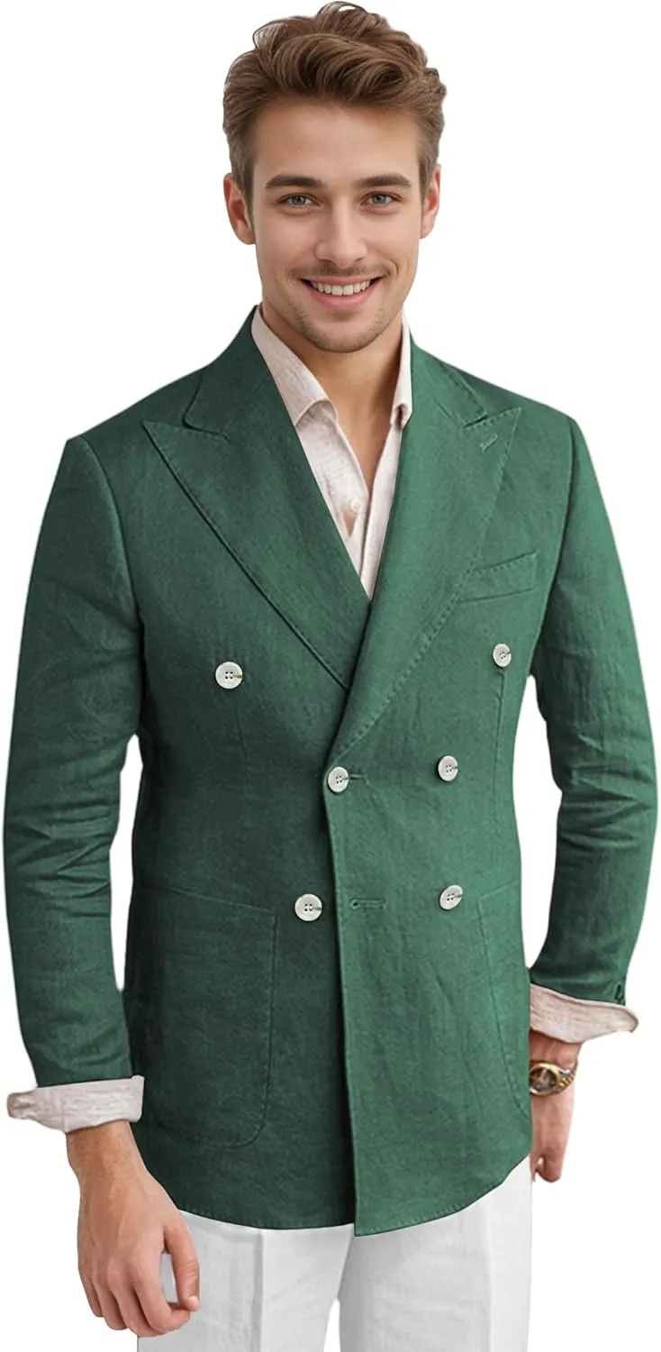 Men's Linen Blazer Lightweight Double Breasted Suit Jacket Casual Sport Coat for Beach Wedding