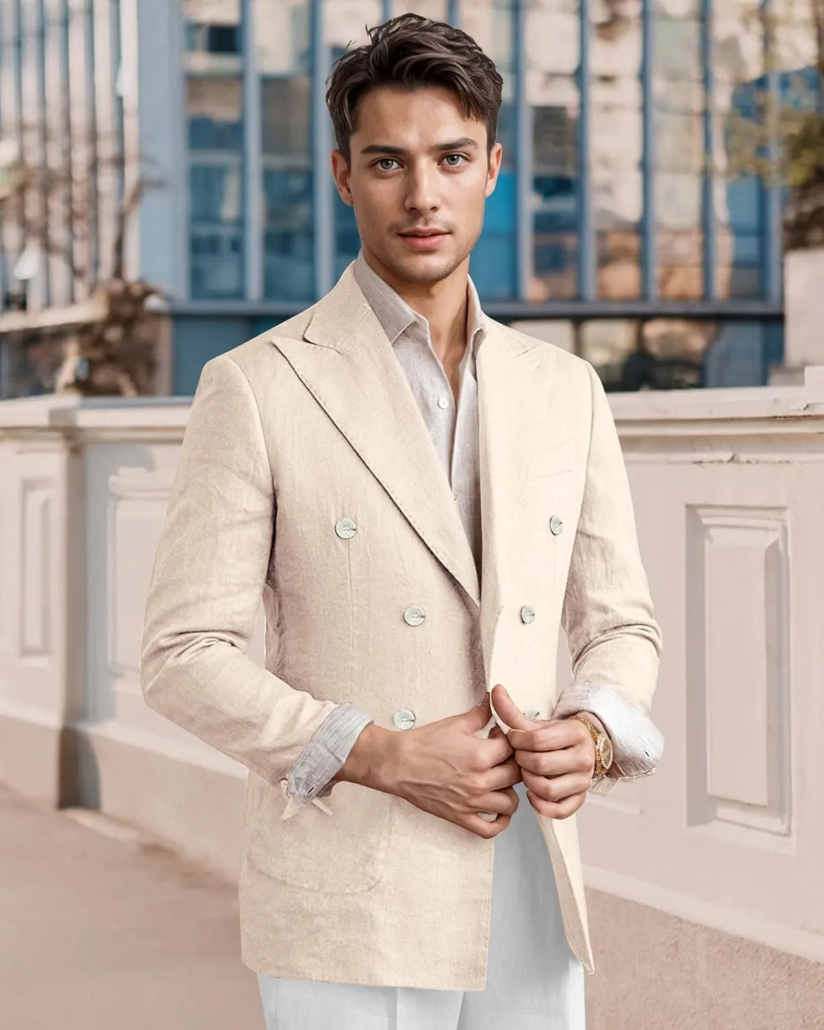 Men's Linen Blazer Lightweight Double Breasted Suit Jacket Casual Sport Coat for Beach Wedding