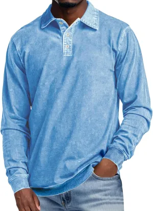 Men's Long Sleeve Polo Shirts Distressed Washed Cotton T-Shirt Lightweight Casual Button Collared Shirt Top