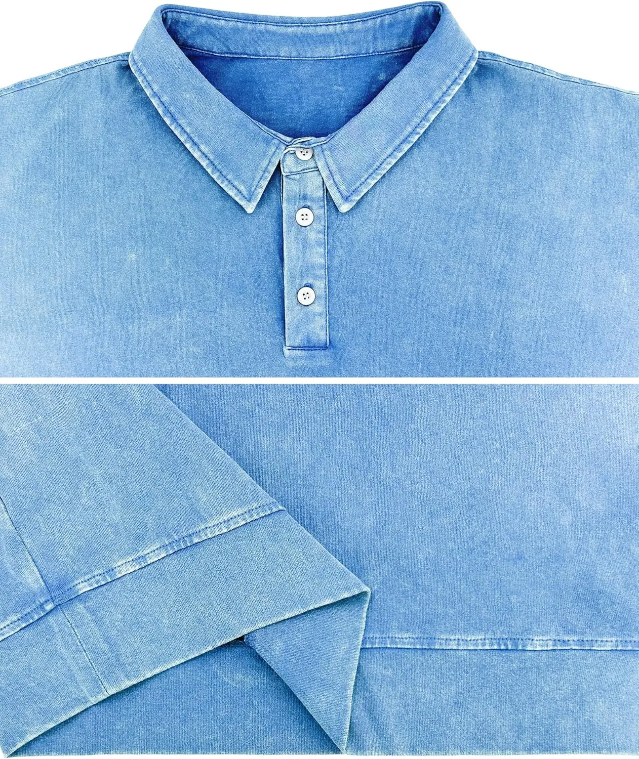 Men's Long Sleeve Polo Shirts Distressed Washed Cotton T-Shirt Lightweight Casual Button Collared Shirt Top