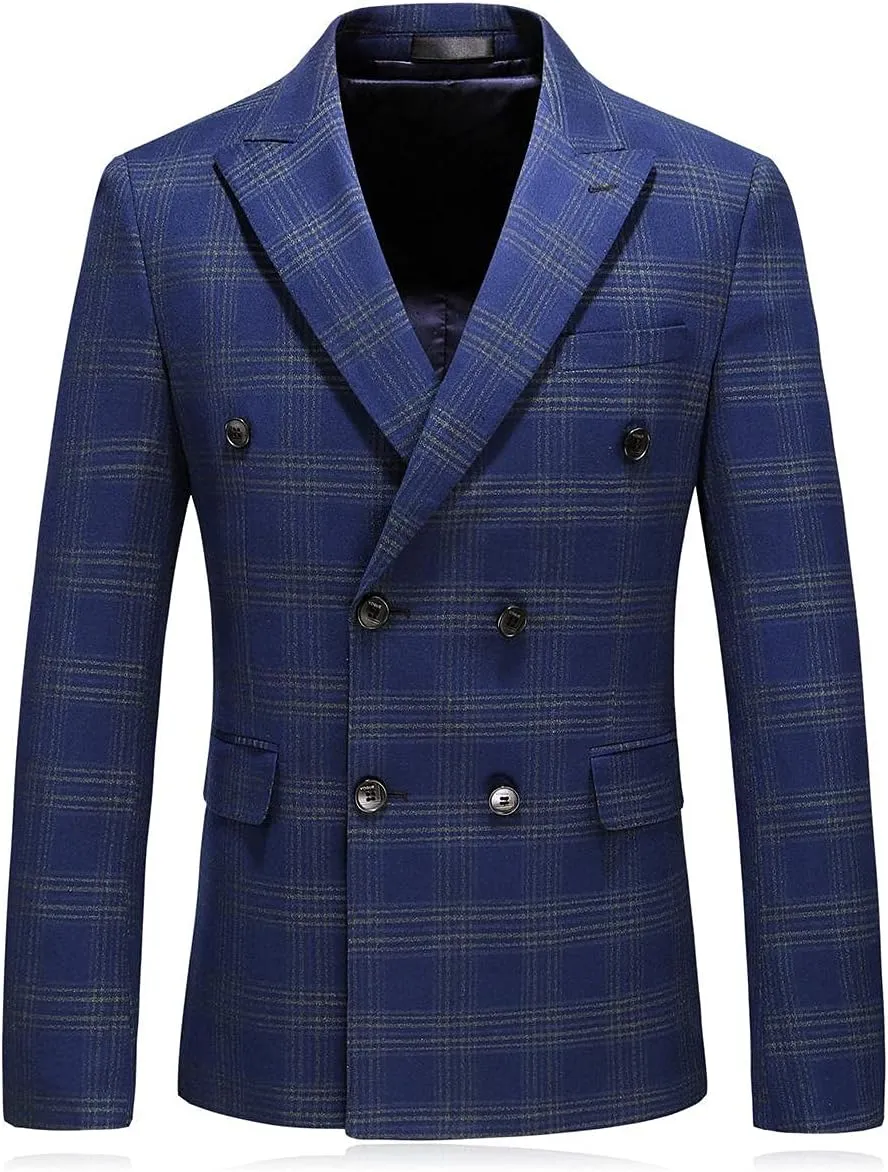 Mens Plaid 3 Piece Suits Slim Fit Double Breasted Plaid Suit Jacket Vest Pants Set Formal