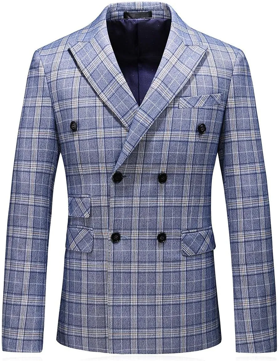 Mens Plaid 3 Piece Suits Slim Fit Double Breasted Plaid Suit Jacket Vest Pants Set Formal
