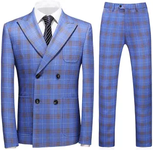 Mens Plaid 3 Piece Suits Slim Fit Double Breasted Plaid Suit Jacket Vest Pants Set Formal