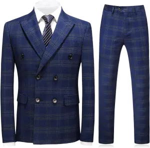 Mens Plaid 3 Piece Suits Slim Fit Double Breasted Plaid Suit Jacket Vest Pants Set Formal