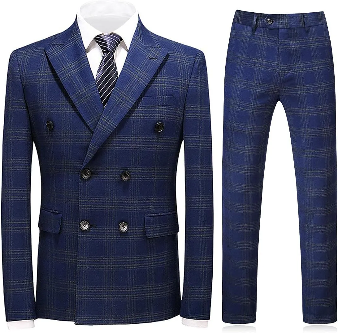 Mens Plaid 3 Piece Suits Slim Fit Double Breasted Plaid Suit Jacket Vest Pants Set Formal