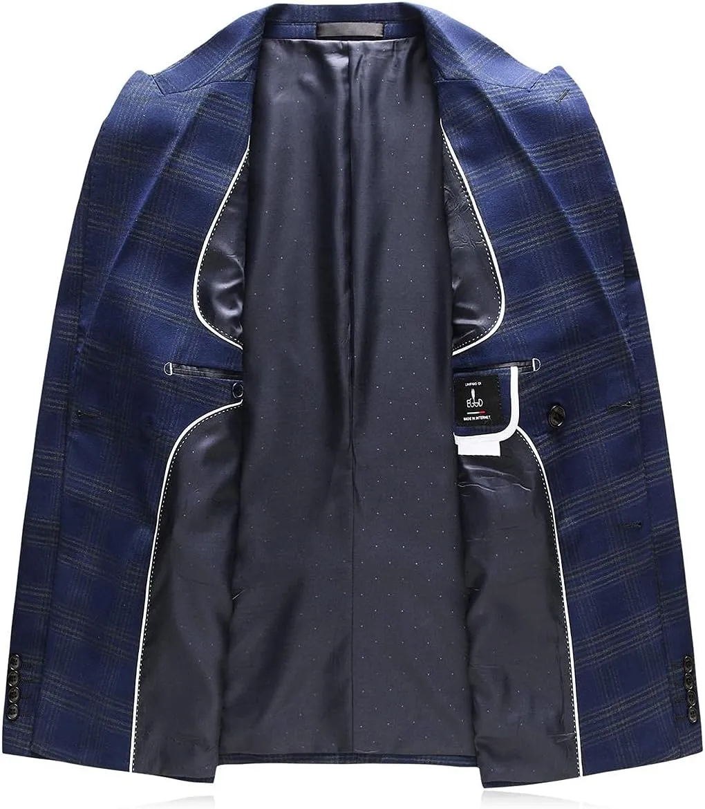 Mens Plaid 3 Piece Suits Slim Fit Double Breasted Plaid Suit Jacket Vest Pants Set Formal