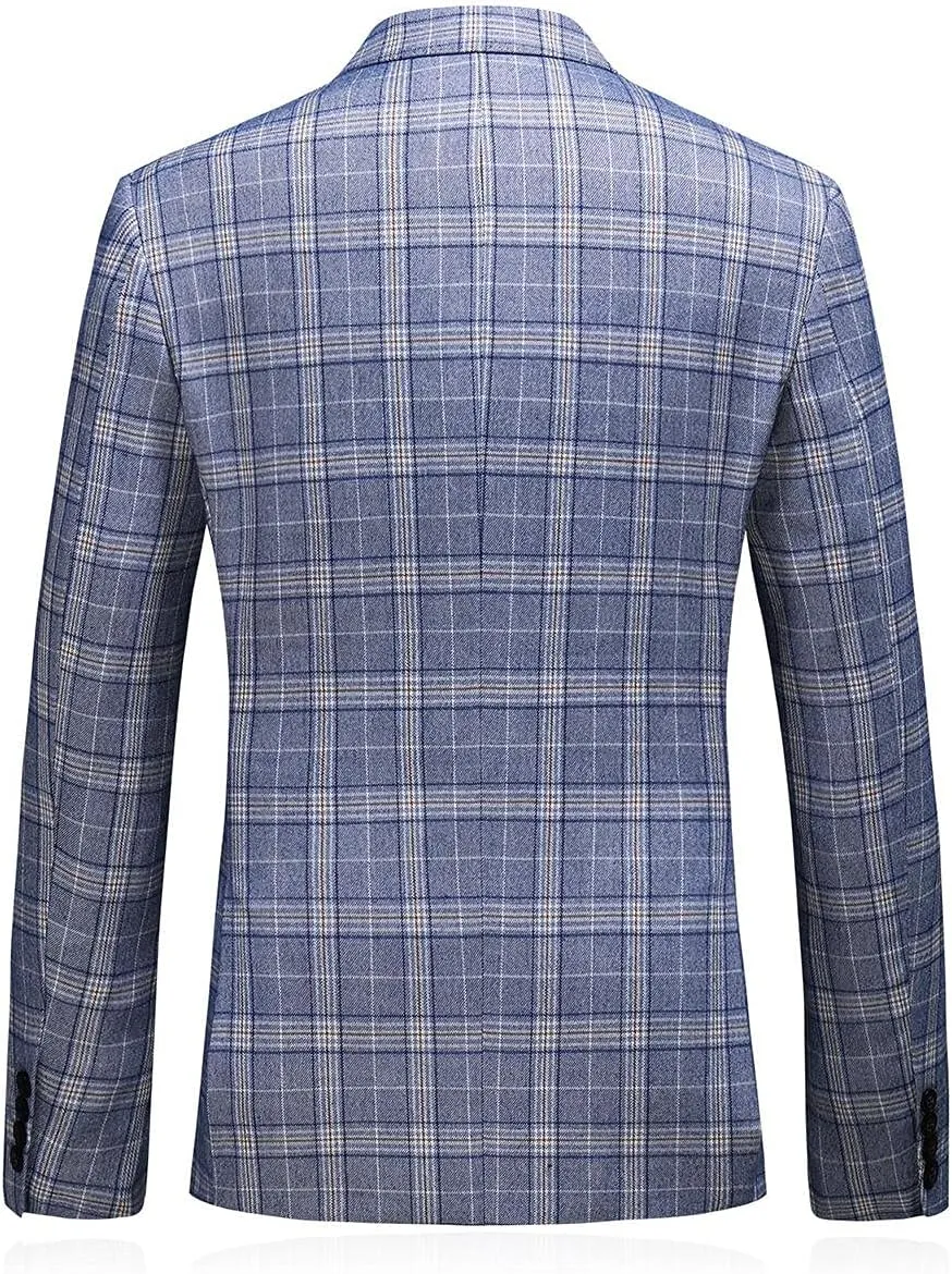 Mens Plaid 3 Piece Suits Slim Fit Double Breasted Plaid Suit Jacket Vest Pants Set Formal