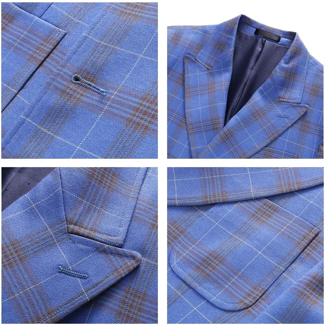 Mens Plaid 3 Piece Suits Slim Fit Double Breasted Plaid Suit Jacket Vest Pants Set Formal