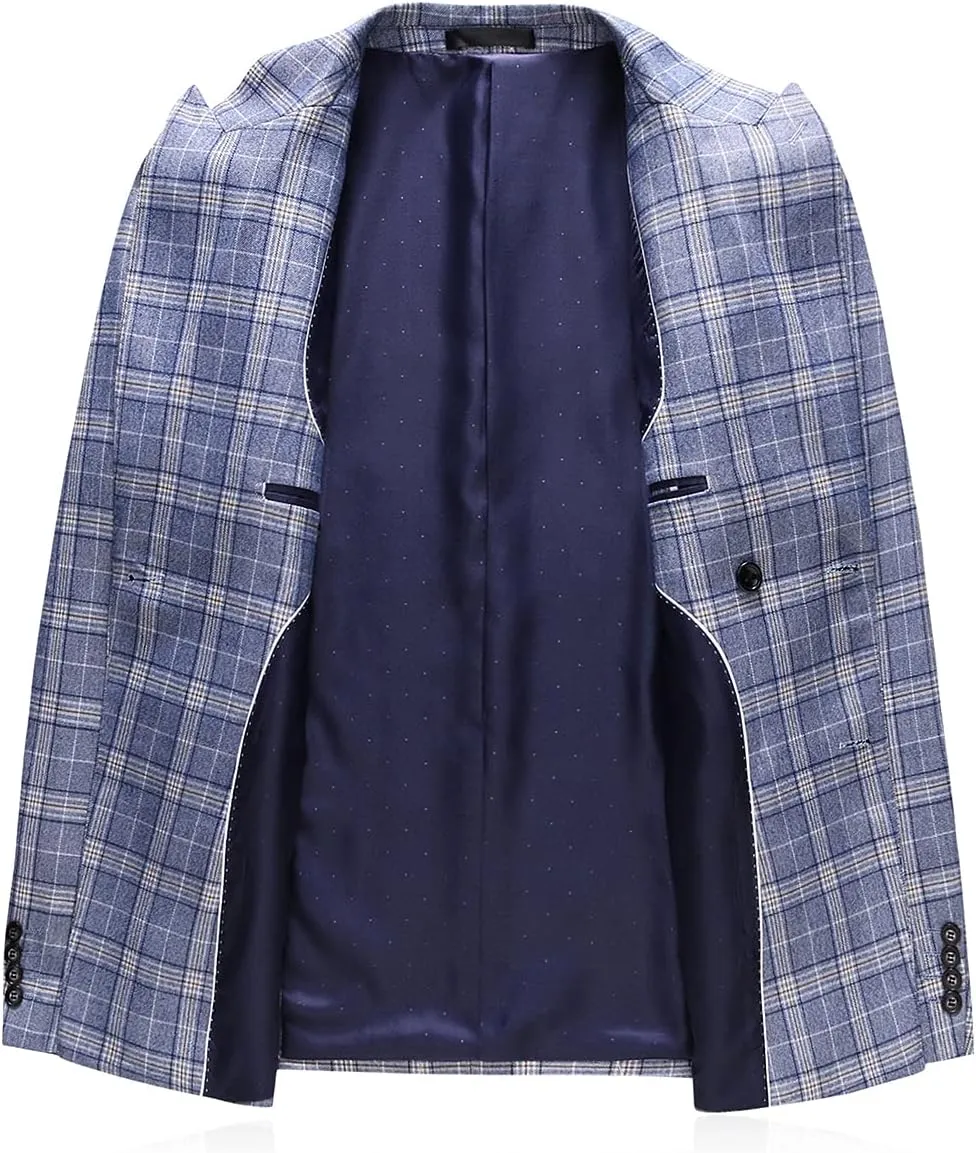 Mens Plaid 3 Piece Suits Slim Fit Double Breasted Plaid Suit Jacket Vest Pants Set Formal