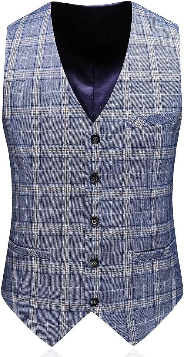 Mens Plaid 3 Piece Suits Slim Fit Double Breasted Plaid Suit Jacket Vest Pants Set Formal