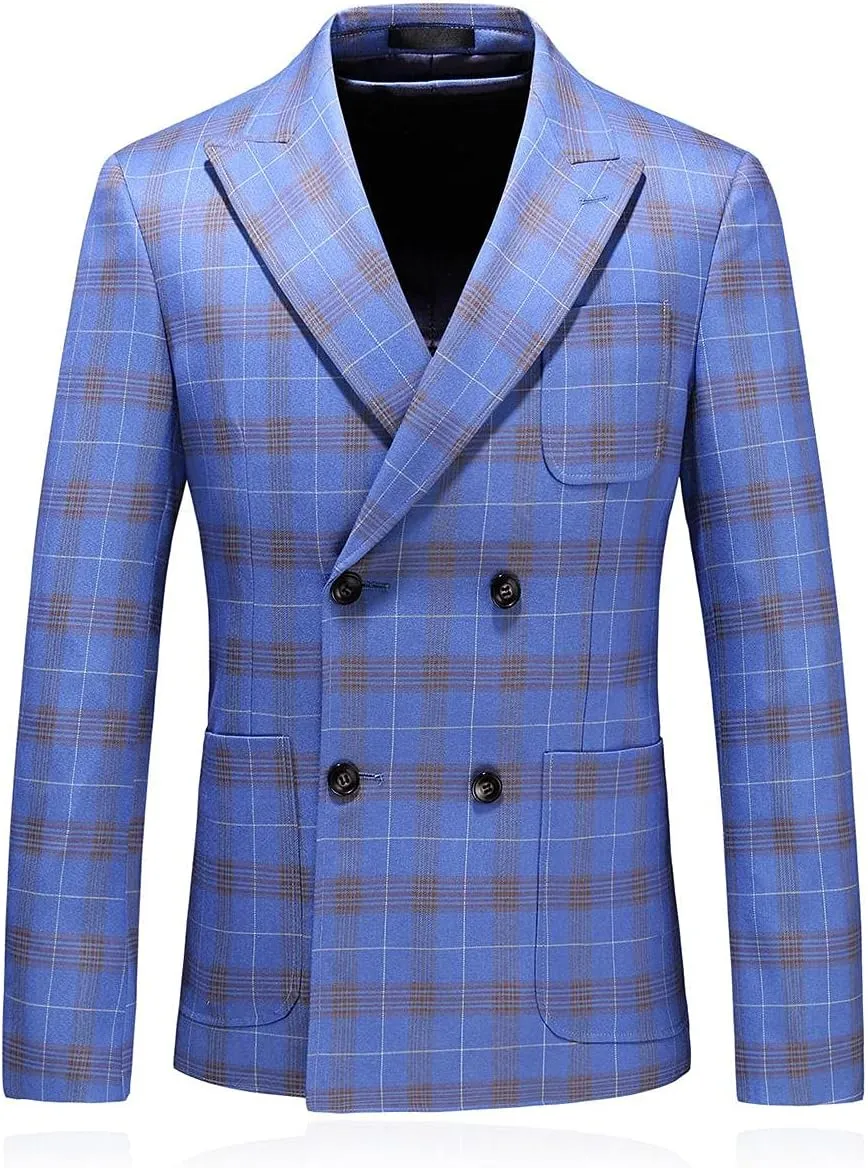 Mens Plaid 3 Piece Suits Slim Fit Double Breasted Plaid Suit Jacket Vest Pants Set Formal