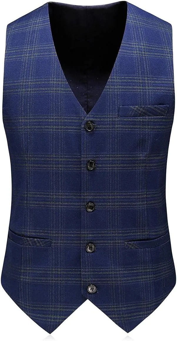 Mens Plaid 3 Piece Suits Slim Fit Double Breasted Plaid Suit Jacket Vest Pants Set Formal
