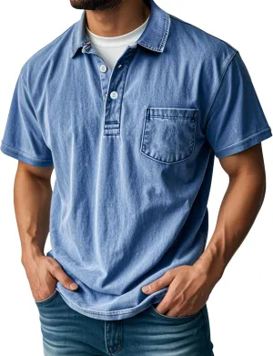 Men's Polo Shirts Short Sleeve Distressed Washed Button Cotton T-Shirt Casual Summer Tee Tops with Pocket