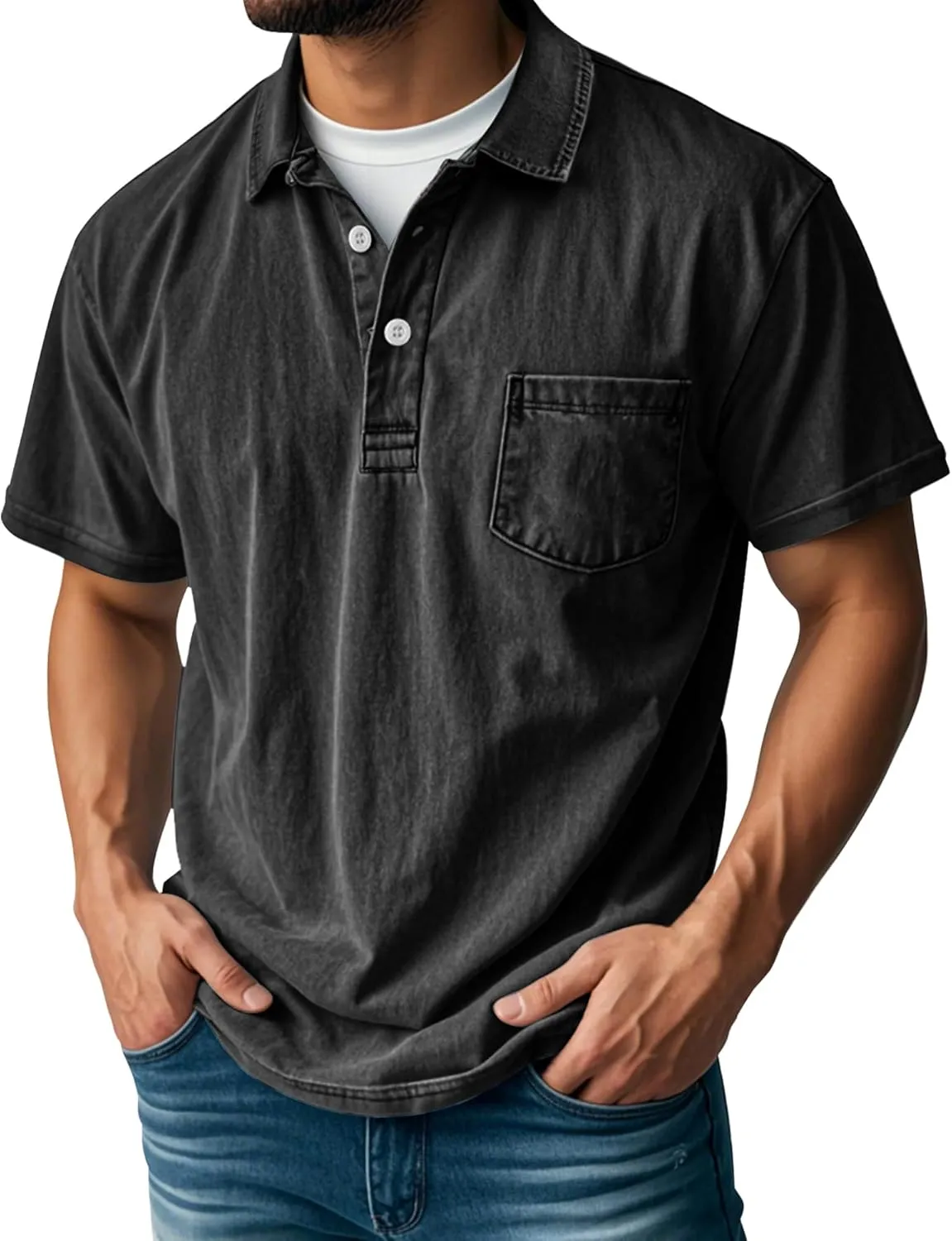 Men's Polo Shirts Short Sleeve Distressed Washed Button Cotton T-Shirt Casual Summer Tee Tops with Pocket
