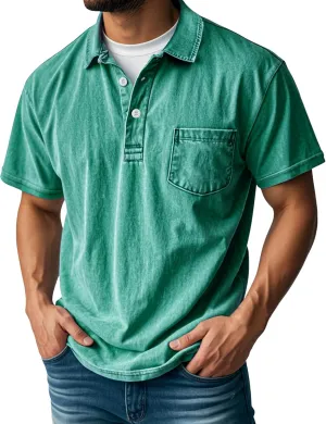 Men's Polo Shirts Short Sleeve Distressed Washed Button Cotton T-Shirt Casual Summer Tee Tops with Pocket