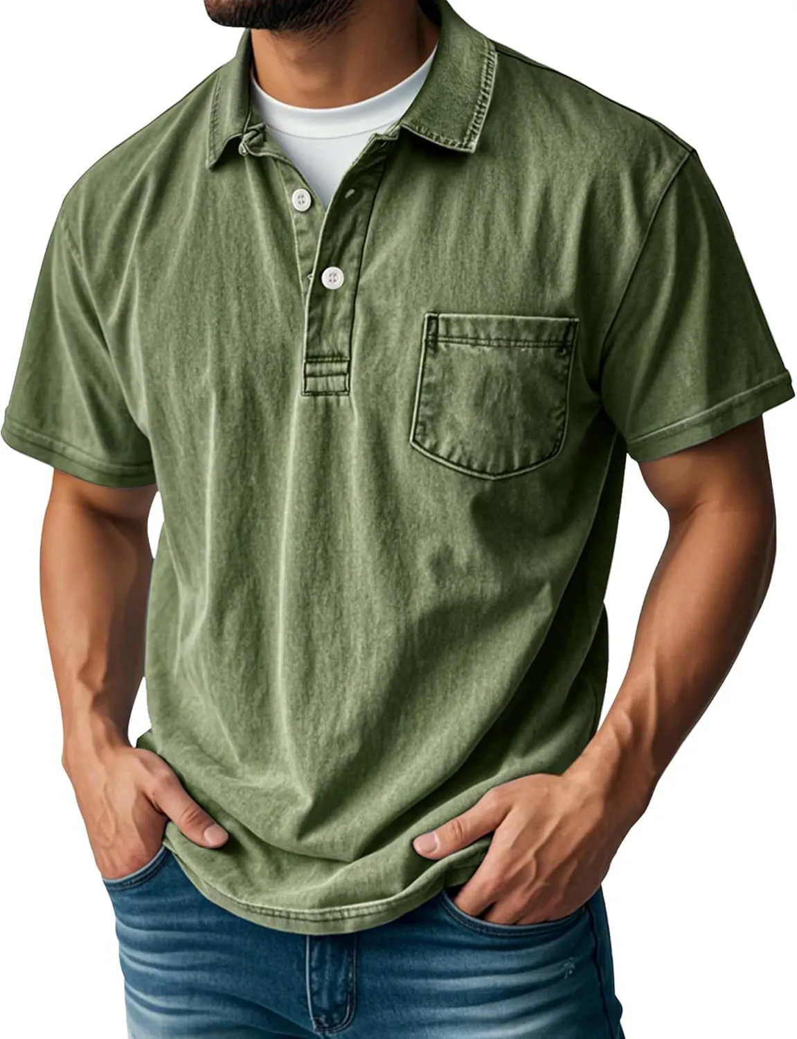 Men's Polo Shirts Short Sleeve Distressed Washed Button Cotton T-Shirt Casual Summer Tee Tops with Pocket